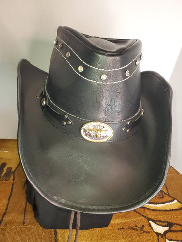 Cowboy Hat with Rhinestones - Black Leather