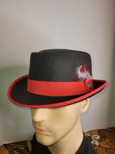 Black Felt Pork Pie Hat with Red Band and Feathers