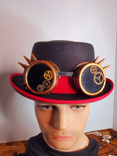 Steampunk Black Felt Hat with Red Band