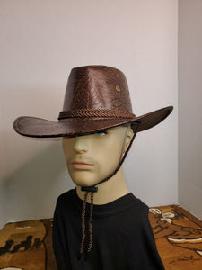 Cowboy Hat with leaf pattern and chin strap - Brown Faux Leather