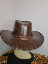 Load image into Gallery viewer, Cowboy Hat with leaf pattern and chin strap - Brown Faux Leather