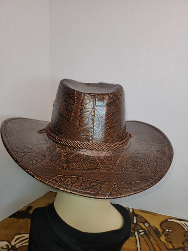 Cowboy Hat with leaf pattern and chin strap - Brown Faux Leather
