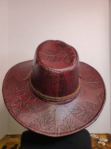 Cowboy Hat with leaf pattern and chin strap - Burgundy Faux Leather