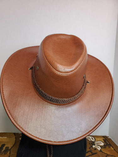 Cowboy Hat with chin strap - Camel color Faux Leather