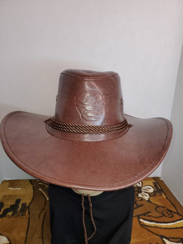 Cowboy Hat with bull pattern and chin strap - Brown Faux Leather