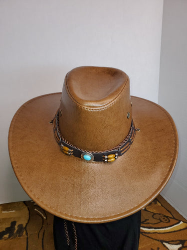 Cowboy Hat with designer band and chin strap - Camel Faux Leather