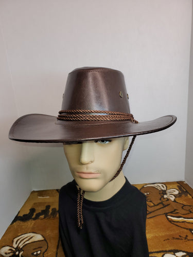 Cowboy Hat with chin strap - Dark Brown Faux Leather