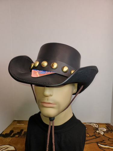 Cowboy Hat with Brass Rivets - Brown Leather