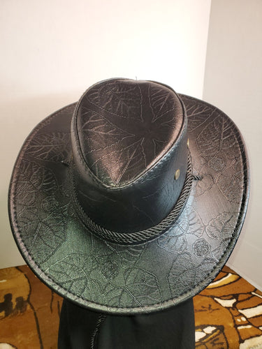 Cowboy Hat with leaf pattern and chin strap - Black Faux Leather