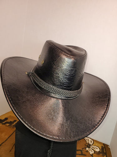 Cowboy Hat with bull pattern and chin strap - Black Faux Leather