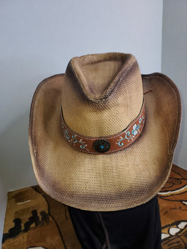 Cowboy Hat with designer band and chin strap - Straw